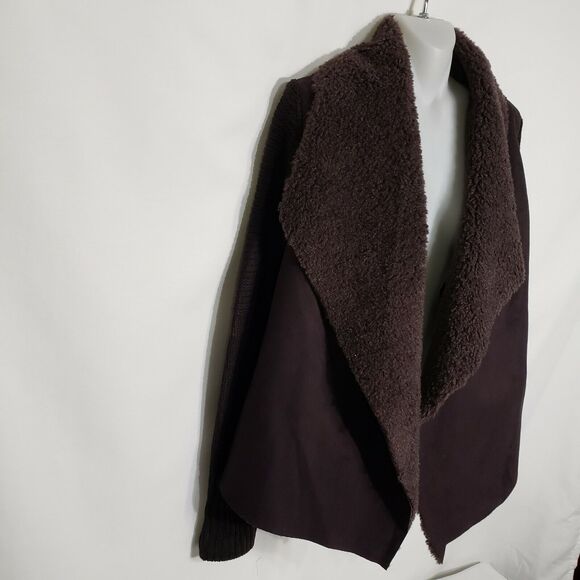 Chelsea & Theodore Womens Cardigan Sweater Large Brown Faux Fur Suede Open Front - Picture 5 of 12